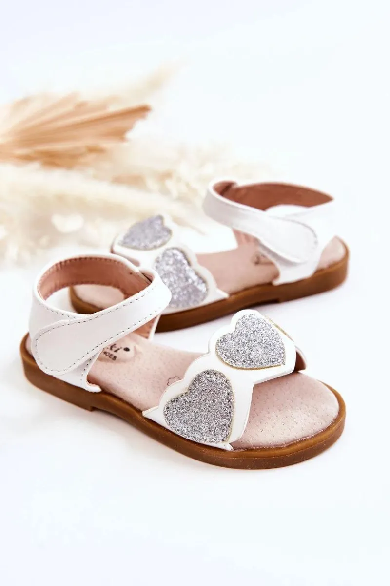 Online Dziecięce Skórzane Sandały Brokatowe Serduszka Białe Luisa Dzieci Dziewczęce