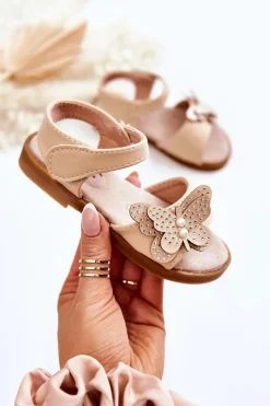 Dziewczęce>Damskie buty S.Barski Dziecięce Skórzane Sandały Motylki Beżowe Rolly