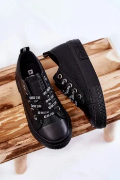 Clearance Dziecięce Skórzane Trampki BIG STAR KK374057 Czarne Dzieci Chłopięce|Dziewczęce