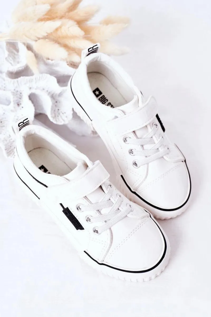 Clearance Dziecięce Skórzane Trampki Na Rzep BIG STAR HH374028 Białe Dzieci Dziewczęce|Chłopięce