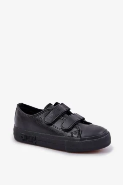 Outlet Dziecięce Skórzane Trampki Na Rzep BIG STAR KK374054 Czarne Dzieci Chłopięce|Dziewczęce