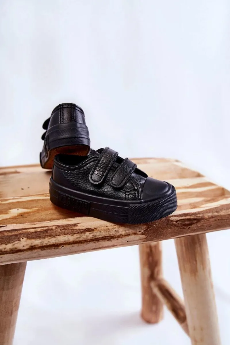 Outlet Dziecięce Skórzane Trampki Na Rzep BIG STAR KK374054 Czarne Dzieci Chłopięce|Dziewczęce