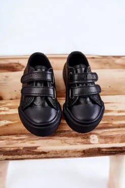Outlet Dziecięce Skórzane Trampki Na Rzep BIG STAR KK374054 Czarne Dzieci Chłopięce|Dziewczęce