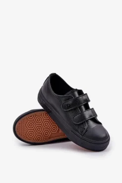 Outlet Dziecięce Skórzane Trampki Na Rzep BIG STAR KK374054 Czarne Dzieci Chłopięce|Dziewczęce