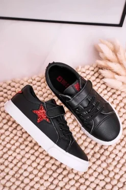 Outlet Big Star Shoes Dziecięce Skórzane Trampki Z Gwiazdą BIG STAR DD374105 Czarne