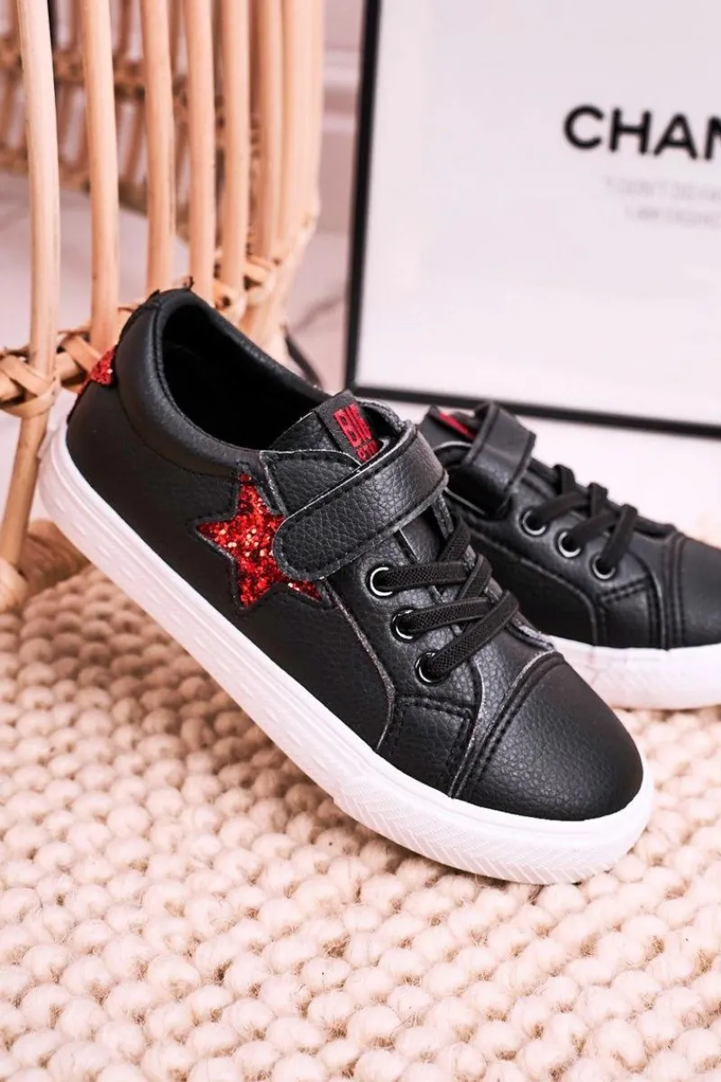 Outlet Big Star Shoes Dziecięce Skórzane Trampki Z Gwiazdą BIG STAR DD374105 Czarne