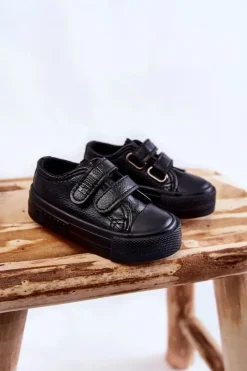 Hot Dziecięce Skórzane Trampki Na Rzep BIG STAR KK374090 Czarne Dzieci Chłopięce|Dziewczęce
