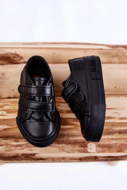 Hot Dziecięce Skórzane Trampki Na Rzep BIG STAR KK374090 Czarne Dzieci Chłopięce|Dziewczęce
