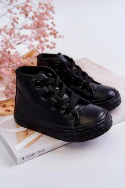 Discount Boto Dziecięce Skórzane Wysokie Trampki Czarne Marney Czarny