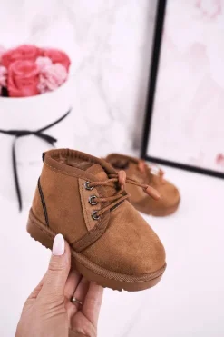 Clearance Boto Dziecięce Sznurowane Śniegowce Ocieplone Futerkiem Brązowe Hunter Brązowy