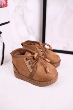 Clearance Boto Dziecięce Sznurowane Śniegowce Ocieplone Futerkiem Brązowe Hunter Brązowy