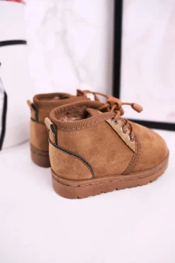 Clearance Boto Dziecięce Sznurowane Śniegowce Ocieplone Futerkiem Brązowe Hunter Brązowy