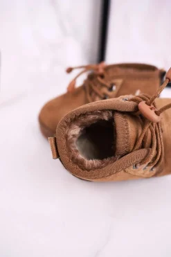 Clearance Boto Dziecięce Sznurowane Śniegowce Ocieplone Futerkiem Brązowe Hunter Brązowy