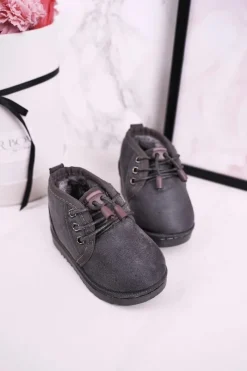 New Dziecięce Sznurowane Śniegowce Ocieplone Futerkiem Szare Hunter Dzieci Chłopięce