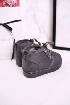 New Dziecięce Sznurowane Śniegowce Ocieplone Futerkiem Szare Hunter Dzieci Chłopięce