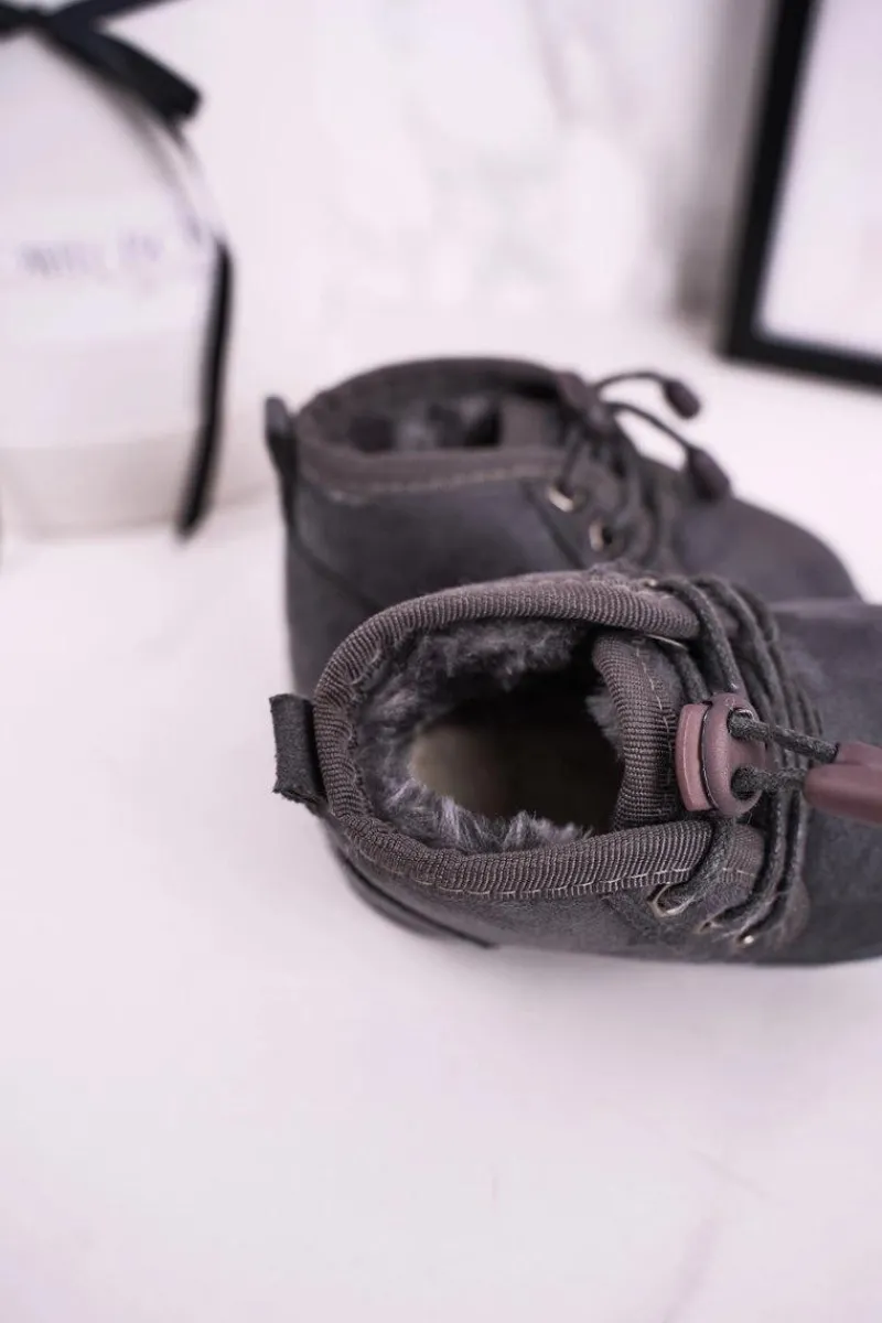 New Dziecięce Sznurowane Śniegowce Ocieplone Futerkiem Szare Hunter Dzieci Chłopięce