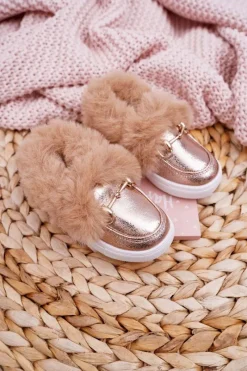 Dziecięce Tenisówki Z Futerkiem Ocieplane Champagne Grendy Dzieci Dziewczęce