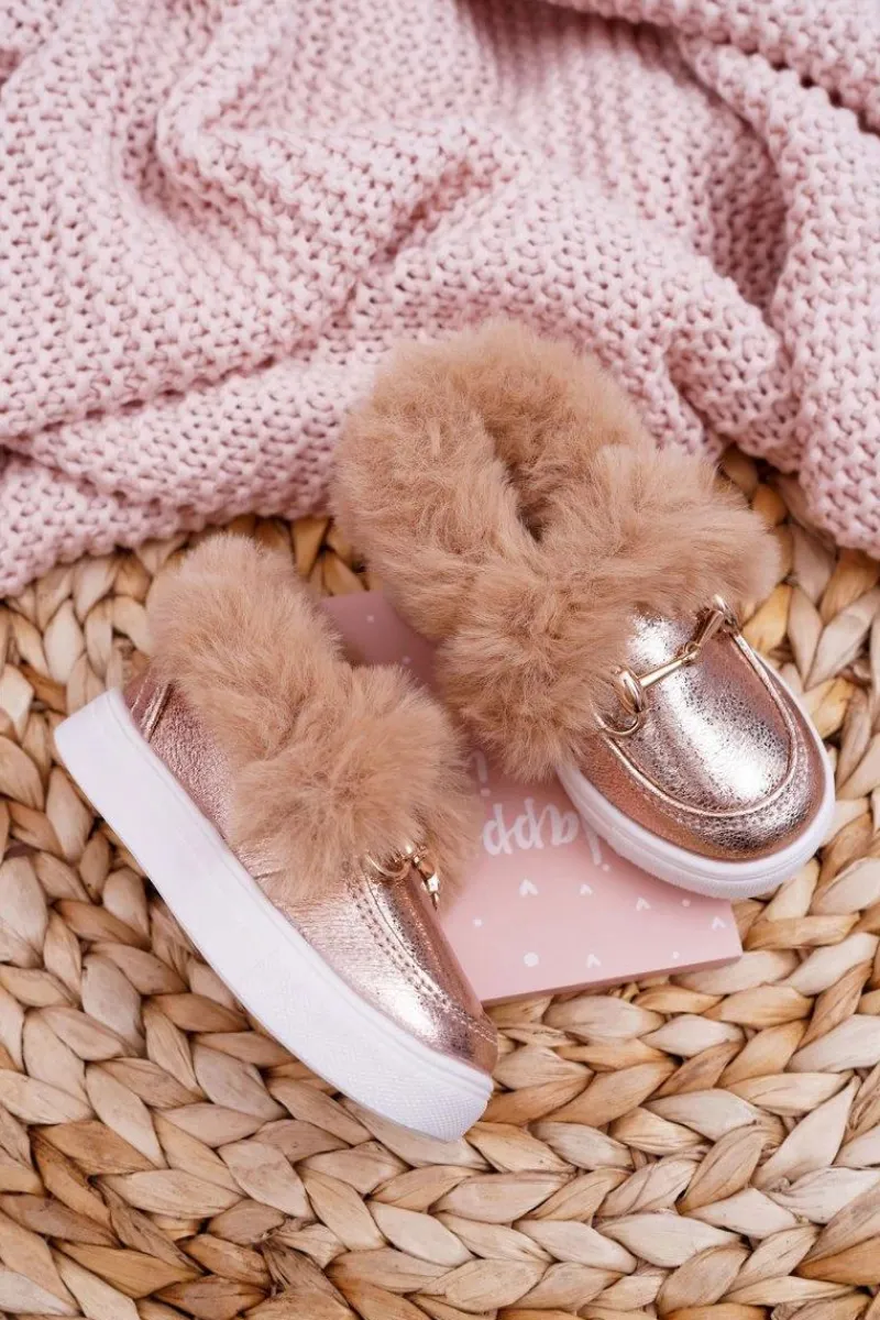 Dziecięce Tenisówki Z Futerkiem Ocieplane Champagne Grendy Dzieci Dziewczęce