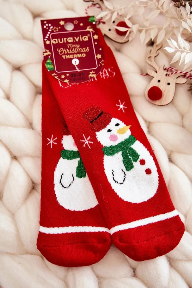 Skarpetki|Skarpetki>Aura.via Dziecięce Termoaktywne Świąteczne Skarpety Bałwan Czerwone