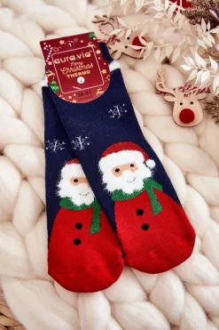 Best Aura.via Dziecięce Termoaktywne Świąteczne Skarpety Mikołaj Granatowe
