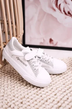 Dziewczęce>Boto Dziecięce Trampki Z Brokatem Biało Srebrne Camila