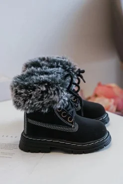Hot Dziecięce Trapery Botki Na Suwak z Futerkiem Czarne Gerande Dzieci Chłopięce|Dziewczęce