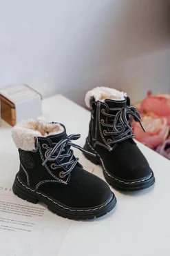 Discount Dziecięce Trapery Botki Na Suwak z Kożuszkiem Czarne Marialee Dzieci Chłopięce|Dziewczęce