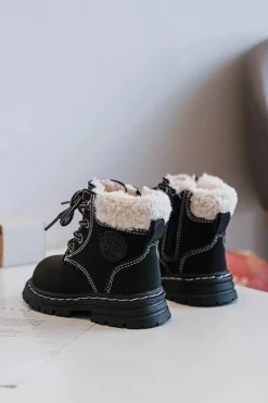 Discount Dziecięce Trapery Botki Na Suwak z Kożuszkiem Czarne Marialee Dzieci Chłopięce|Dziewczęce