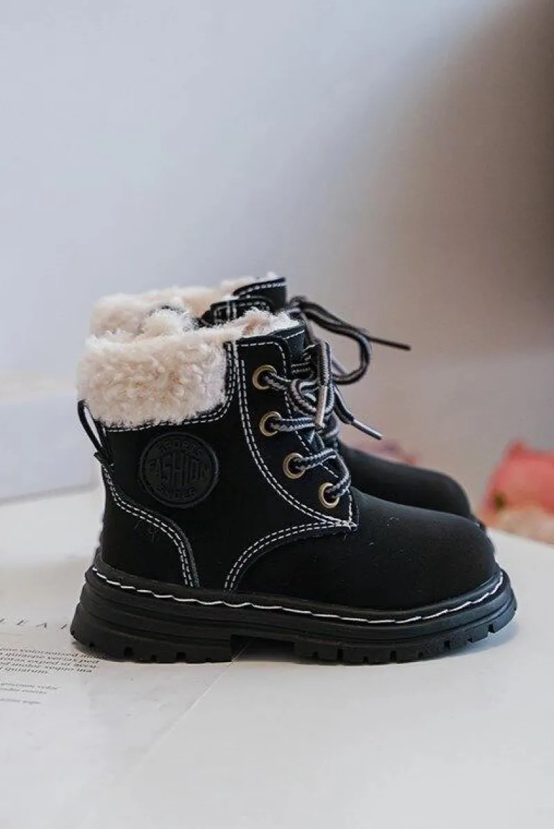 Discount Dziecięce Trapery Botki Na Suwak z Kożuszkiem Czarne Marialee Dzieci Chłopięce|Dziewczęce