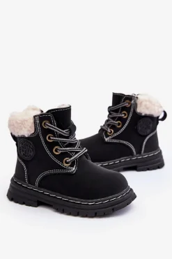 Discount Dziecięce Trapery Botki Na Suwak z Kożuszkiem Czarne Marialee Dzieci Chłopięce|Dziewczęce