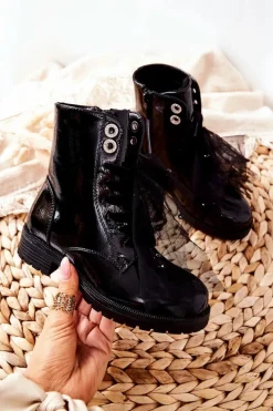 Dziewczęce>Damskie buty S.Barski Dziecięce Wiosenne Lakierowane Botki Czarne Semissa