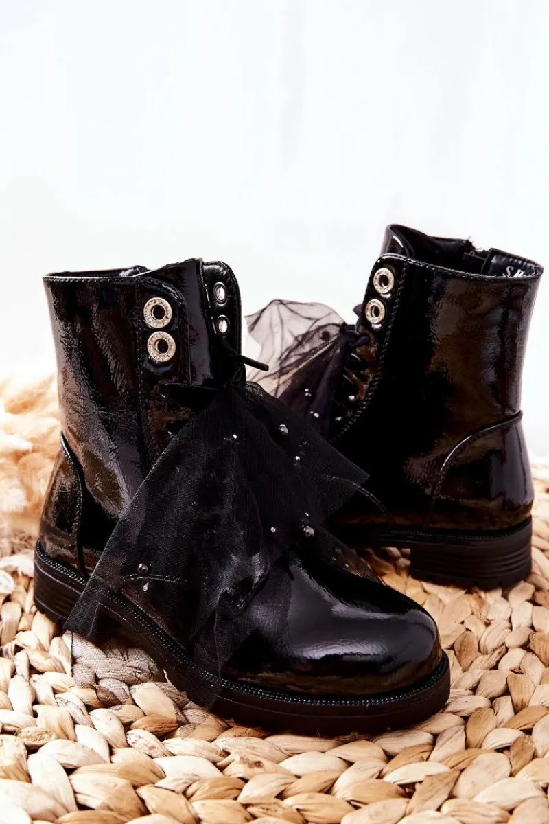 Dziewczęce>Damskie buty S.Barski Dziecięce Wiosenne Lakierowane Botki Czarne Semissa