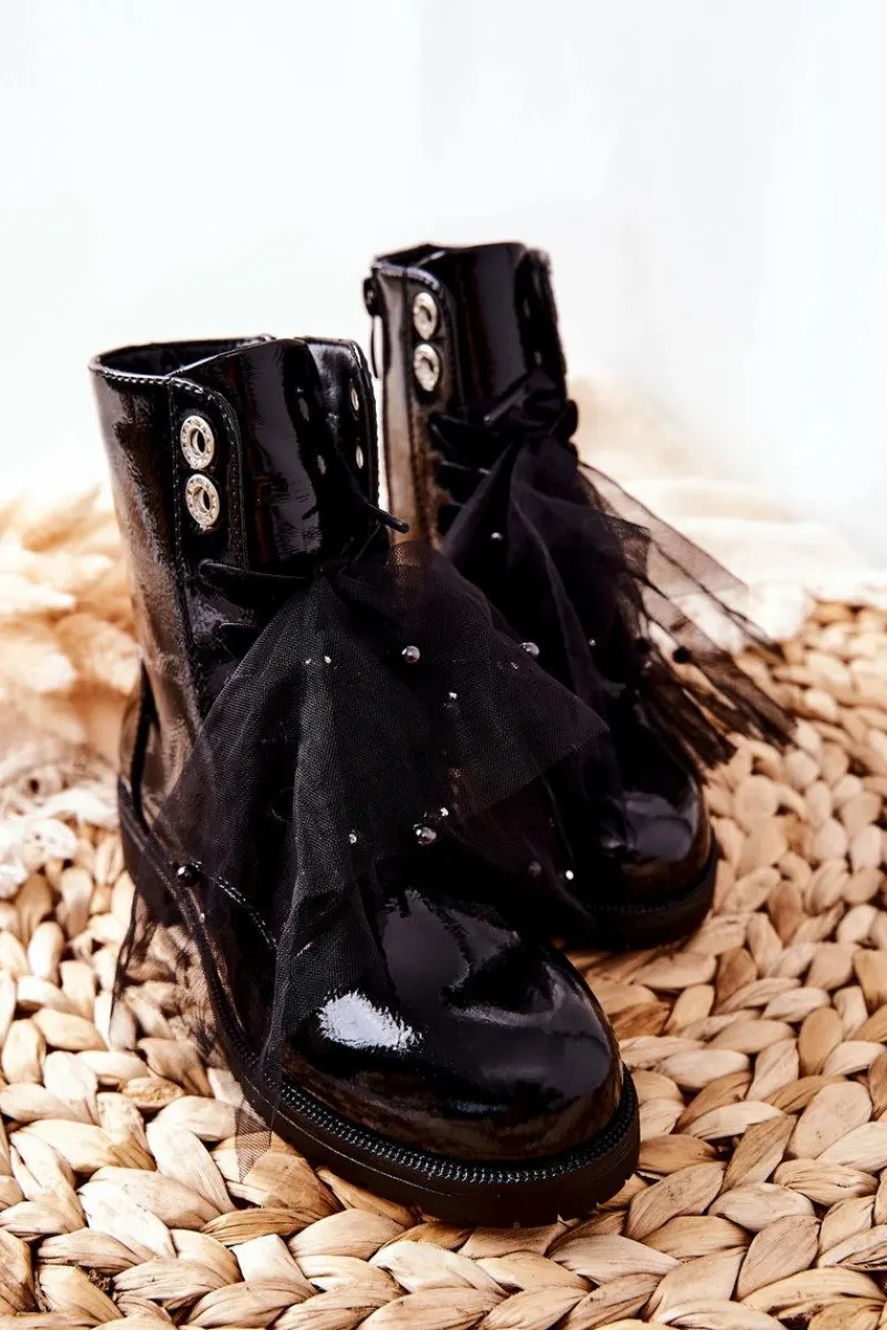 Dziewczęce>Damskie buty S.Barski Dziecięce Wiosenne Lakierowane Botki Czarne Semissa