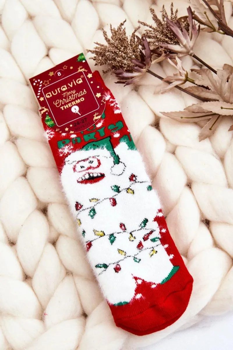 Hot Aura.via Dziecięce Świąteczne Bawełniane Skarpety Termoaktywne Yeti Czerwone