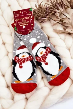 Dziecięce Świąteczne Bawełniane Skarpety Termoaktywne Pingwin Szare Skarpetki|Skarpetki