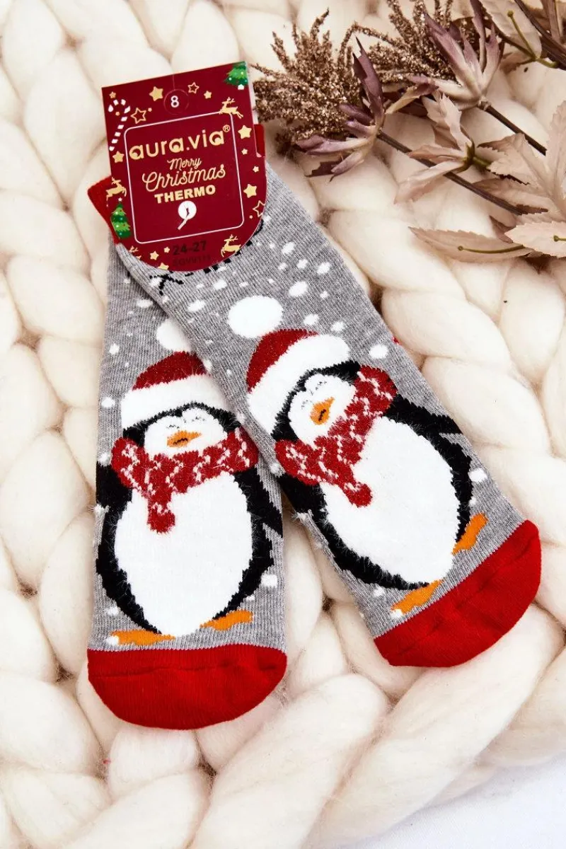 Dziecięce Świąteczne Bawełniane Skarpety Termoaktywne Pingwin Szare Skarpetki|Skarpetki