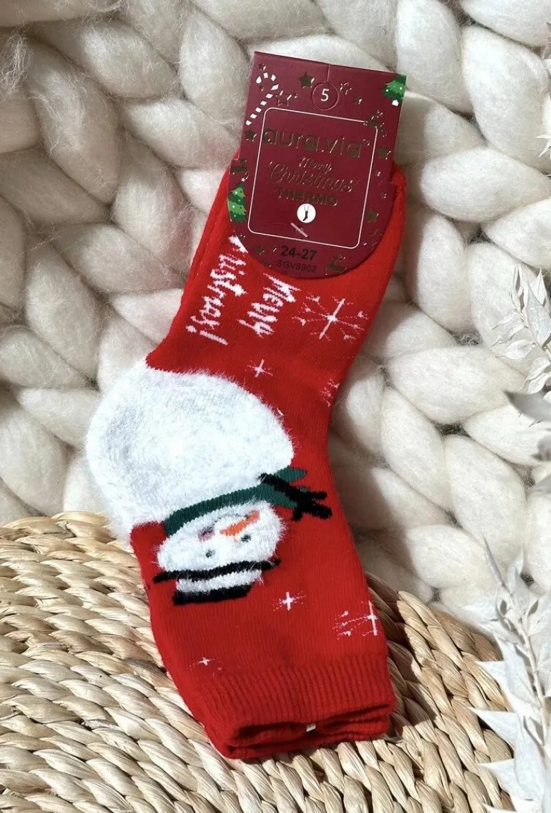 Skarpetki|Skarpetki>Aura.via Dziecięce Świąteczne Bawełniane Skarpety Z Bałwanem Czerwone
