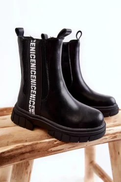 Clearance Dziecięce Wysokie Botki Ocieplane Czarne Kimmy Dzieci Dziewczęce