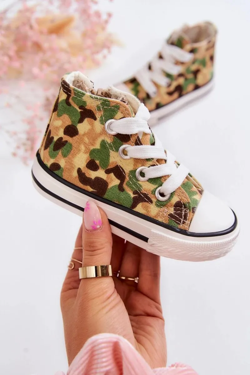 Sale Dziecięce Wysokie Trampki Na Suwak Beżowo-Zielone Filemon Dzieci Chłopięce|Dziewczęce