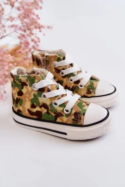 Sale Dziecięce Wysokie Trampki Na Suwak Beżowo-Zielone Filemon Dzieci Chłopięce|Dziewczęce