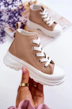 Hot Dziecięce Wysokie Trampki Wiązane Jasnobrązowe Freeze Dzieci Chłopięce|Dziewczęce