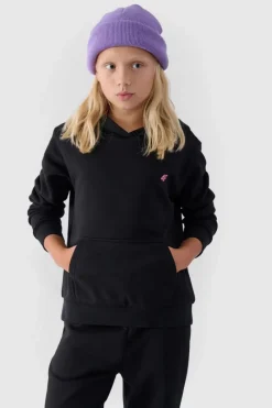 Discount 4F Dziewczęca Nierozpinana Bluza Z Kapturem Gładka Czarna JWMM00TSWSF1316-20S Czarny