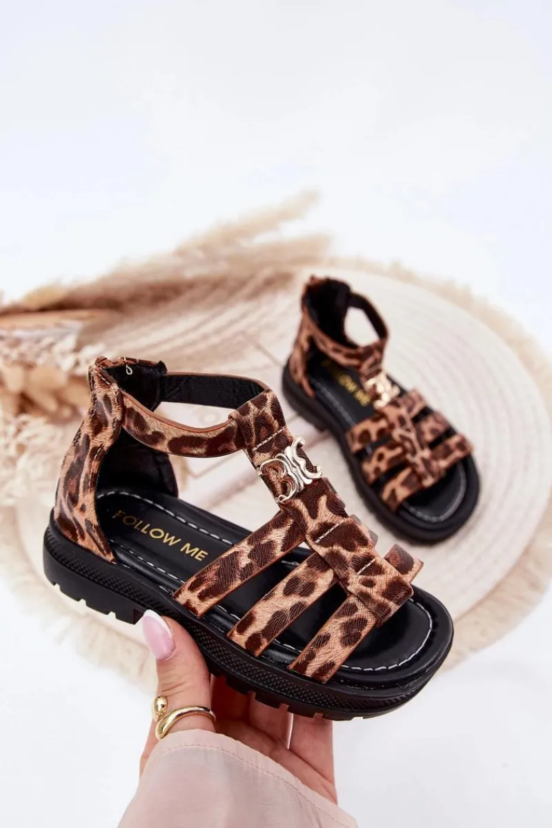 Online Boto Dziewczęce Sandałki Gladiatorki Ze Złotym Detalem Panterka Vesira Brązowy