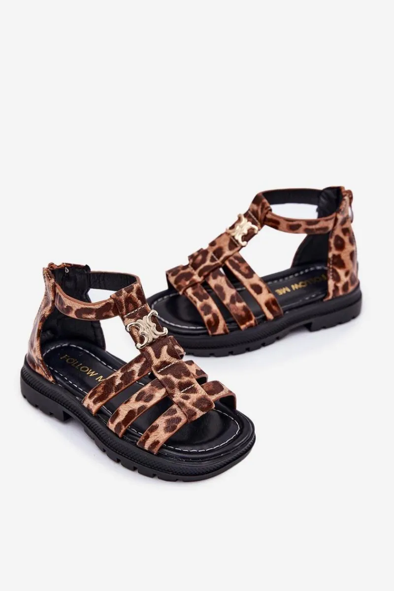 Online Boto Dziewczęce Sandałki Gladiatorki Ze Złotym Detalem Panterka Vesira Brązowy