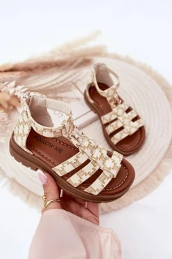 Best Dziewczęce Sandałki Gladiatorki Ze Złotym Detalem Beżowe Vesira Dzieci Dziewczęce