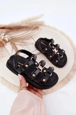 Hot Boto Dziewczęce Sandałki Ze Złotym Detalem Czarne Lunessa Czarny