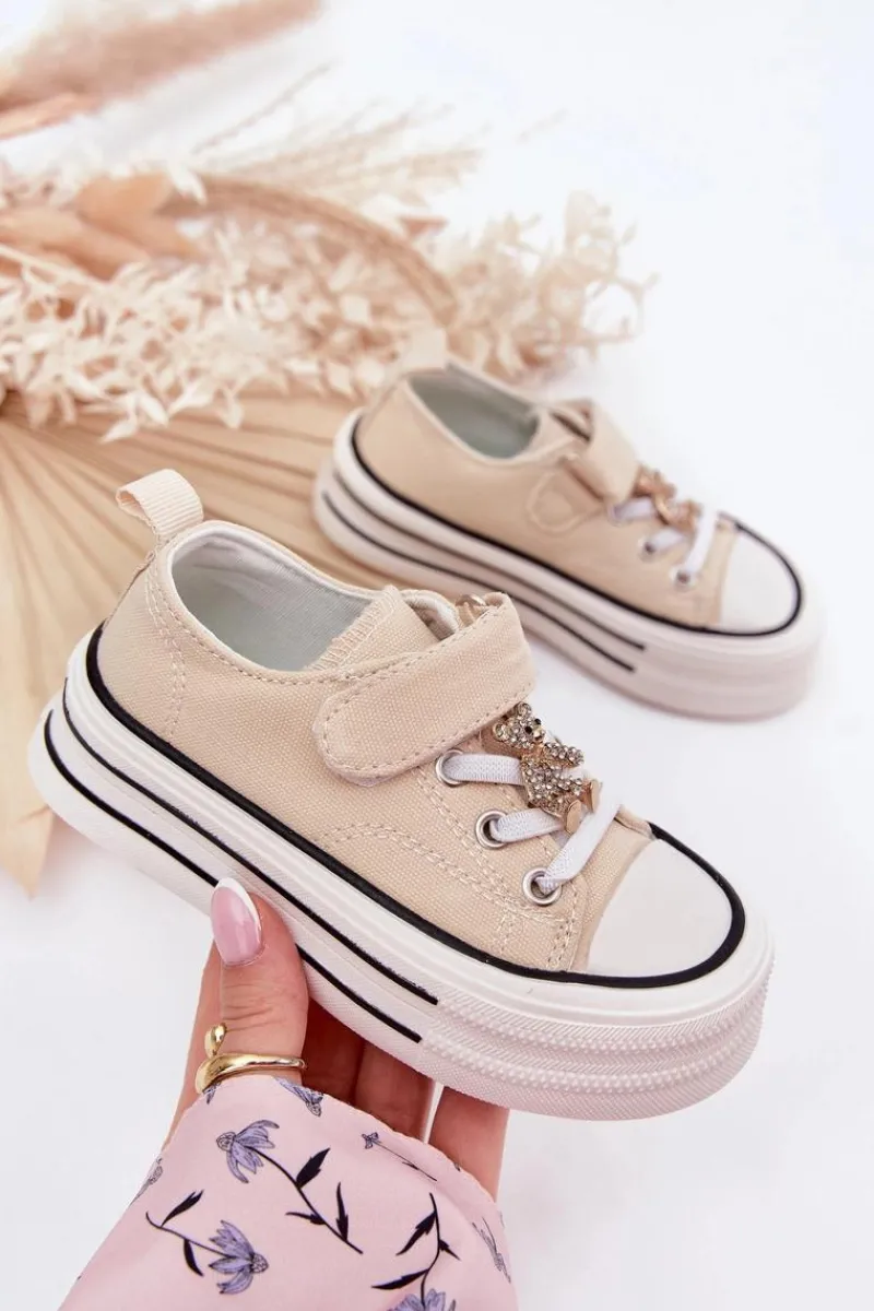 Discount Dziewczęce Trampki Ze Złotą Przypinką Miś Beżowe Solena Dzieci Dziewczęce|Back To School