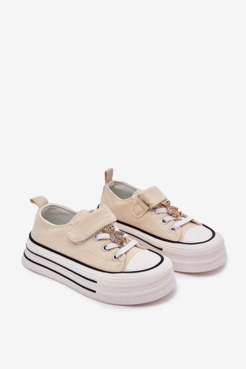 Discount Dziewczęce Trampki Ze Złotą Przypinką Miś Beżowe Solena Dzieci Dziewczęce|Back To School