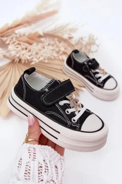 Dziewczęce|Back To School>Boto Dziewczęce Trampki Ze Złotą Przypinką Miś Czarne Solena Czarny