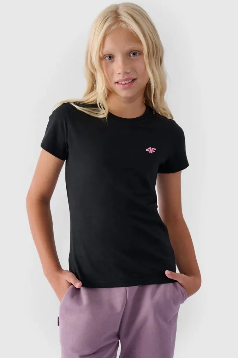T-Shirty Dziecięce|Odzież 4F>4F Dziewczęcy T-shirt Gładki Bawełniany Czarny JWMM00TTSHF1658-20S